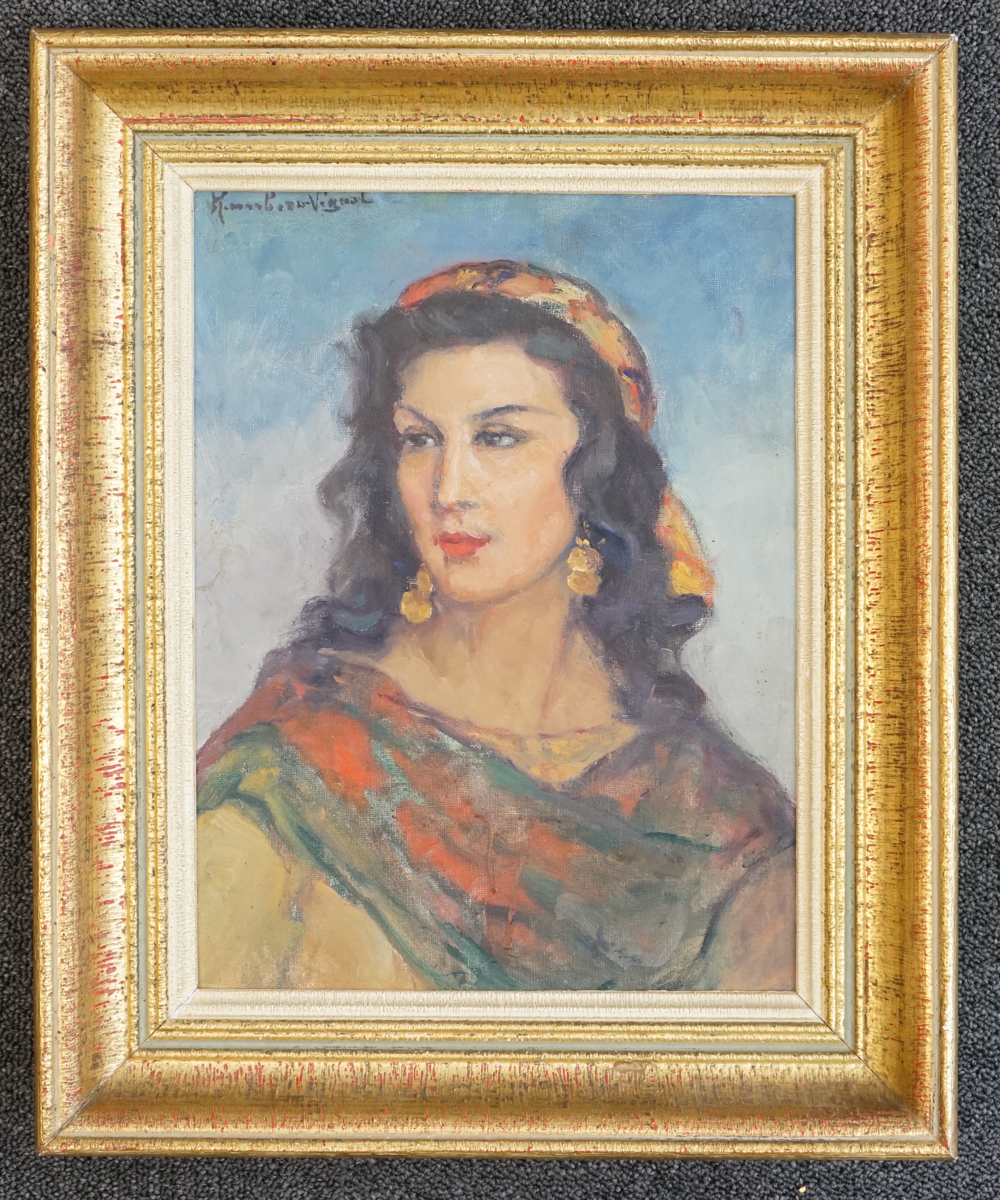 Humbert Vignol, oil on canvas board, Portrait of gypsy woman, indistinctly signed with French label verso, 34 x 25cm